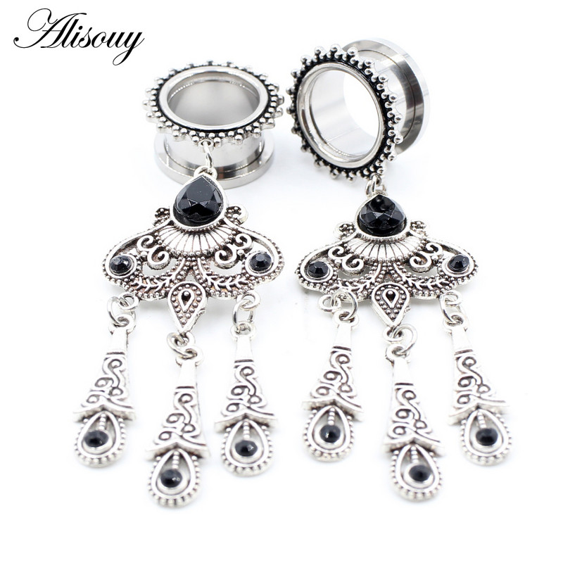 Alisouy 2 bucăți retro din oțel inoxidabil picătură de apă cristal pandantiv dopuri pentru urechi tuneluri expansoare targi calibre Piercing bijuterii pentru corp