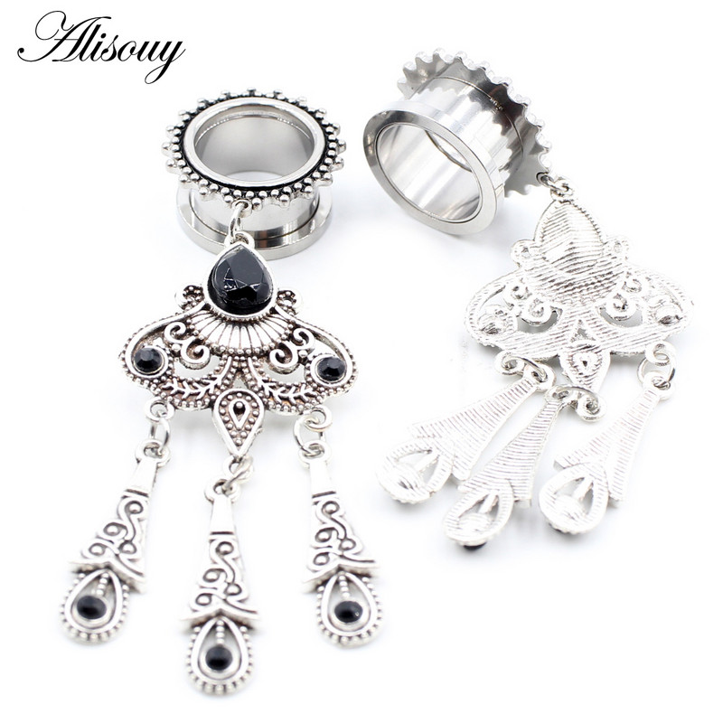 Alisouy 2 bucăți retro din oțel inoxidabil picătură de apă cristal pandantiv dopuri pentru urechi tuneluri expansoare targi calibre Piercing bijuterii pentru corp