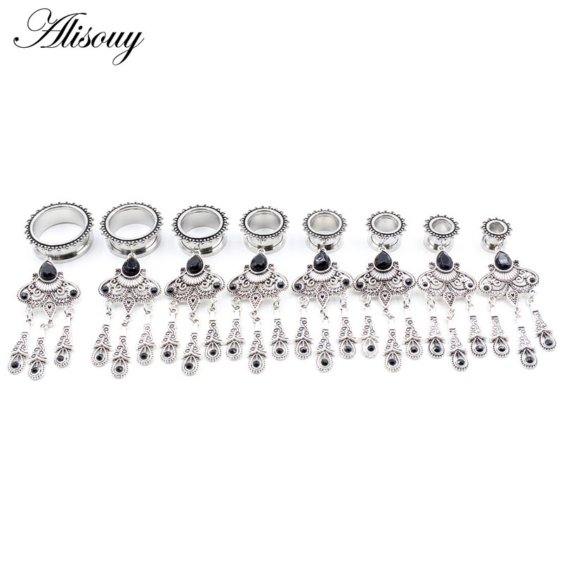 Alisouy 2 bucăți retro din oțel inoxidabil picătură de apă cristal pandantiv dopuri pentru urechi tuneluri expansoare targi calibre Piercing bijuterii pentru corp