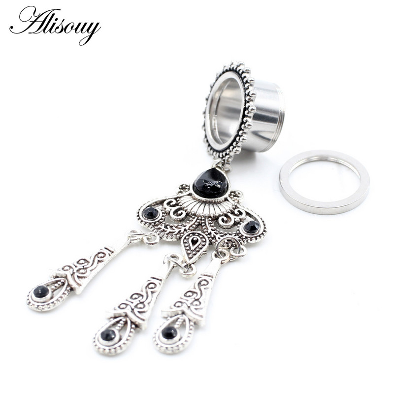Alisouy 2 bucăți retro din oțel inoxidabil picătură de apă cristal pandantiv dopuri pentru urechi tuneluri expansoare targi calibre Piercing bijuterii pentru corp
