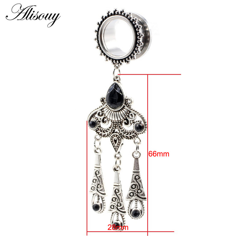 Alisouy 2 bucăți retro din oțel inoxidabil picătură de apă cristal pandantiv dopuri pentru urechi tuneluri expansoare targi calibre Piercing bijuterii pentru corp