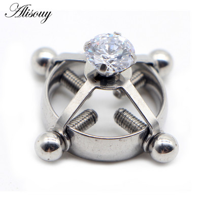 Alisouy 1PC στρογγυλό μη διαπεραστικό δαχτυλίδι θηλής από ανοξείδωτο ατσάλι με ένθετη ασπίδα ζιργκόν Ψεύτικη θηλή Piercing κοσμήματα με βίδες θηλής σφιγκτήρες