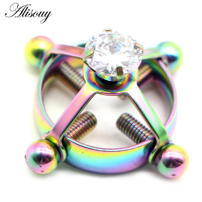 Alisouy 1PC στρογγυλό μη διαπεραστικό δαχτυλίδι θηλής από ανοξείδωτο ατσάλι με ένθετη ασπίδα ζιργκόν Ψεύτικη θηλή Piercing κοσμήματα με βίδες θηλής σφιγκτήρες