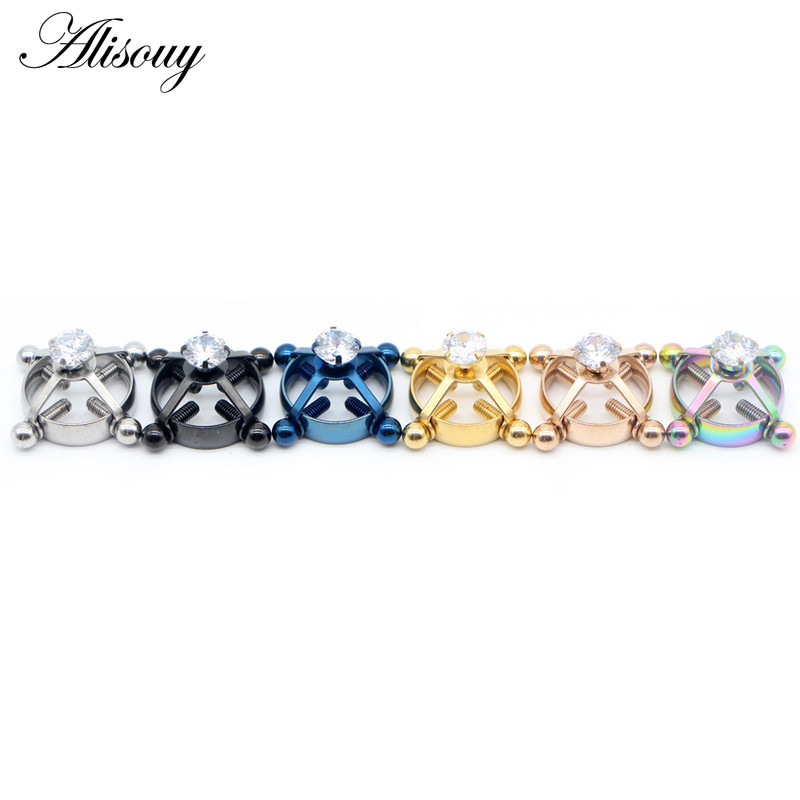 Alisouy 1PC στρογγυλό μη διαπεραστικό δαχτυλίδι θηλής από ανοξείδωτο ατσάλι με ένθετη ασπίδα ζιργκόν Ψεύτικη θηλή Piercing κοσμήματα με βίδες θηλής σφιγκτήρες