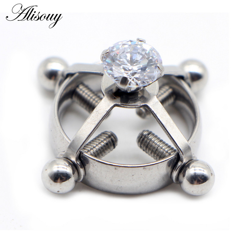 Alisouy 1PC στρογγυλό μη διαπεραστικό δαχτυλίδι θηλής από ανοξείδωτο ατσάλι με ένθετη ασπίδα ζιργκόν Ψεύτικη θηλή Piercing κοσμήματα με βίδες θηλής σφιγκτήρες