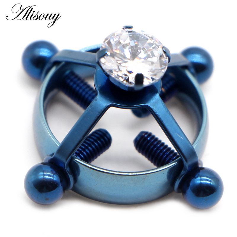 Alisouy 1PC στρογγυλό μη διαπεραστικό δαχτυλίδι θηλής από ανοξείδωτο ατσάλι με ένθετη ασπίδα ζιργκόν Ψεύτικη θηλή Piercing κοσμήματα με βίδες θηλής σφιγκτήρες