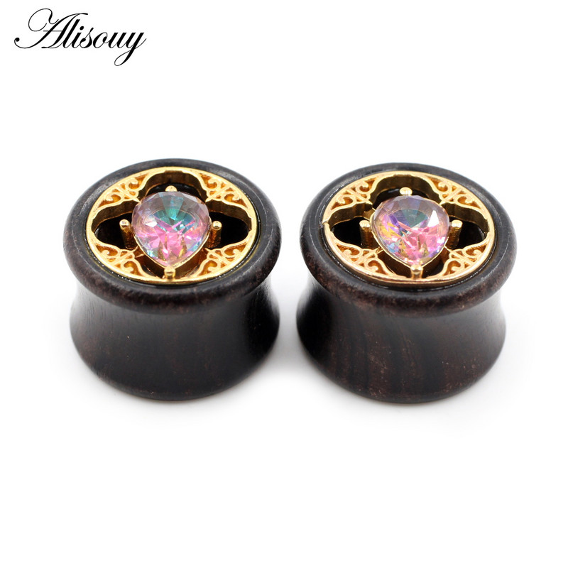 Alisouy 2 bucăți 8-25 mm picături de apă colorate din lemn din zirconiu cubic tuneluri pentru urechi dopuri expansor pentru targă calibre bijuterii pentru piercing pentru corp