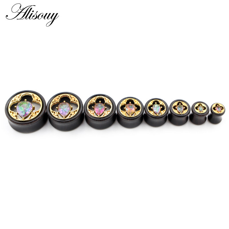 Alisouy 2 bucăți 8-25 mm picături de apă colorate din lemn din zirconiu cubic tuneluri pentru urechi dopuri expansor pentru targă calibre bijuterii pentru piercing pentru corp