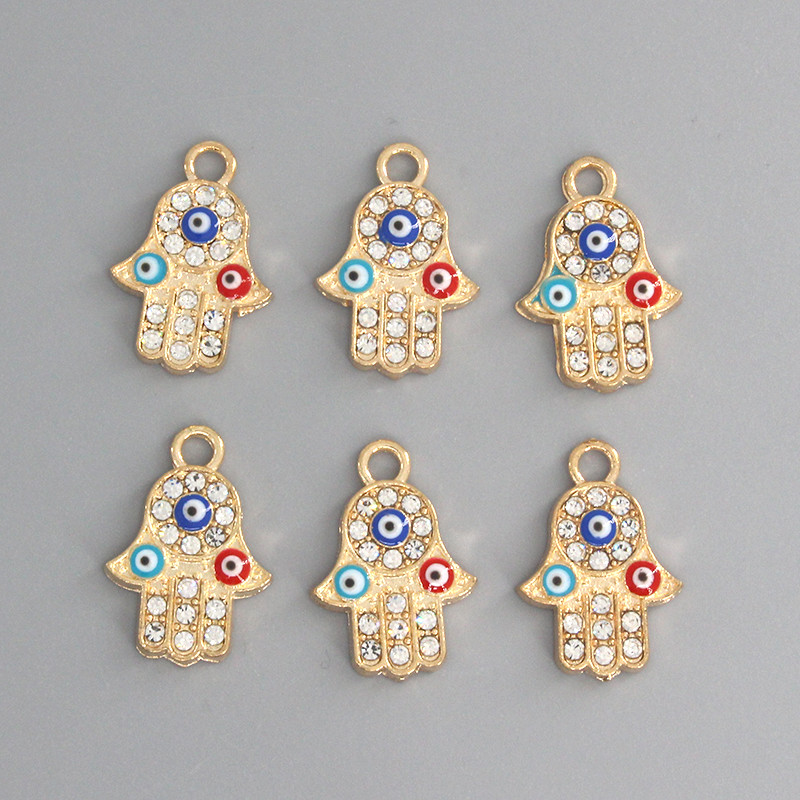 10 buc/pachet cu strasuri din aur Fatima, din aliaj de mână, pandantive pentru ochi rău de curcan, pentru cercei, colier, bijuterii, bricolaj D132