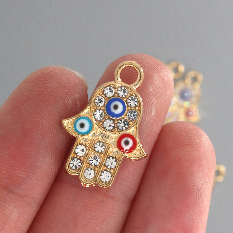 10 buc/pachet cu strasuri din aur Fatima, din aliaj de mână, pandantive pentru ochi rău de curcan, pentru cercei, colier, bijuterii, bricolaj D132