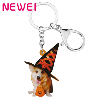 Newei Acrilic Halloween Minunat Corgi Câine Breloc Tipărire Pălărie Animal Breloc Bijuterii pentru Femei Copii Cadou amuzant de petrecere de aniversare