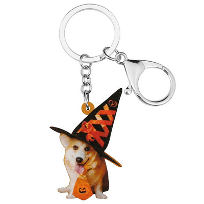 Newei Akril Halloween Lovely Corgi Kutya Kulcstartók Nyomtató Kalap Állati Kulcstartó Ékszerek Női Gyerekek Vicces Születésnapi Ajándék