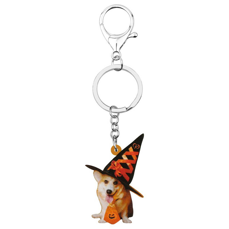 Newei Akril Halloween Lovely Corgi Kutya Kulcstartók Nyomtató Kalap Állati Kulcstartó Ékszerek Női Gyerekek Vicces Születésnapi Ajándék