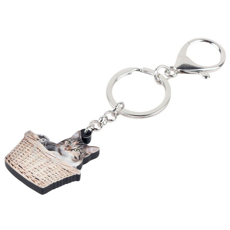 Bonsny acrilic coș drăguț pisoi pisică brelocuri brelocuri inele animale din desene animate cadouri bijuterii pentru femei fete brelocuri pandantiv