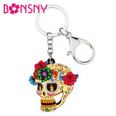 Bonsny acrilic Halloween Clasic cu flori de craniu breloc breloc inele bijuterii de modă pentru femei fete geanta mașină geantă farmece cadou