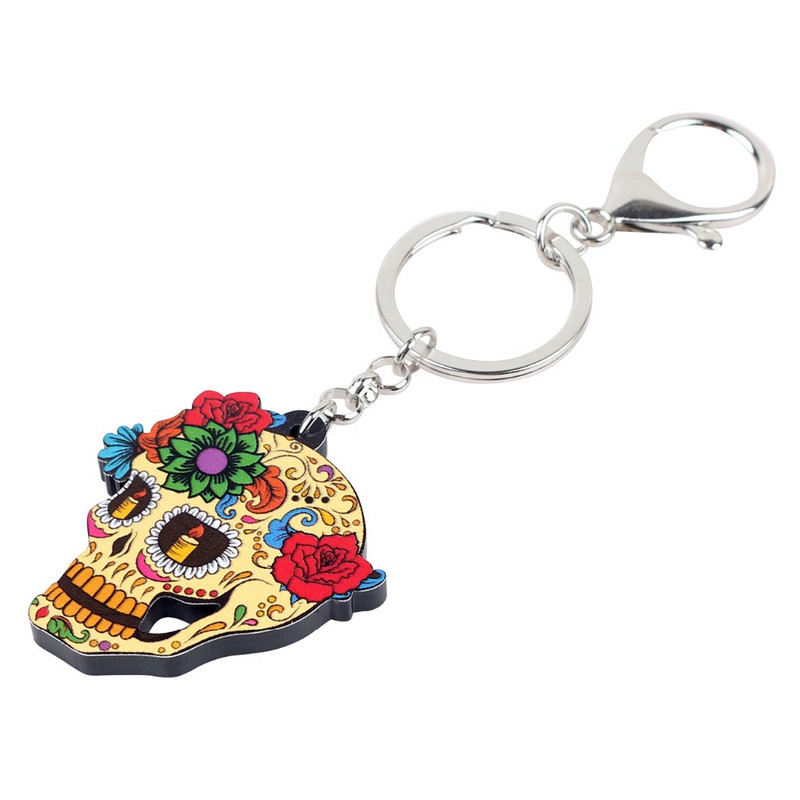 Bonsny acrilic Halloween Clasic cu flori de craniu breloc breloc inele bijuterii de modă pentru femei fete geanta mașină geantă farmece cadou