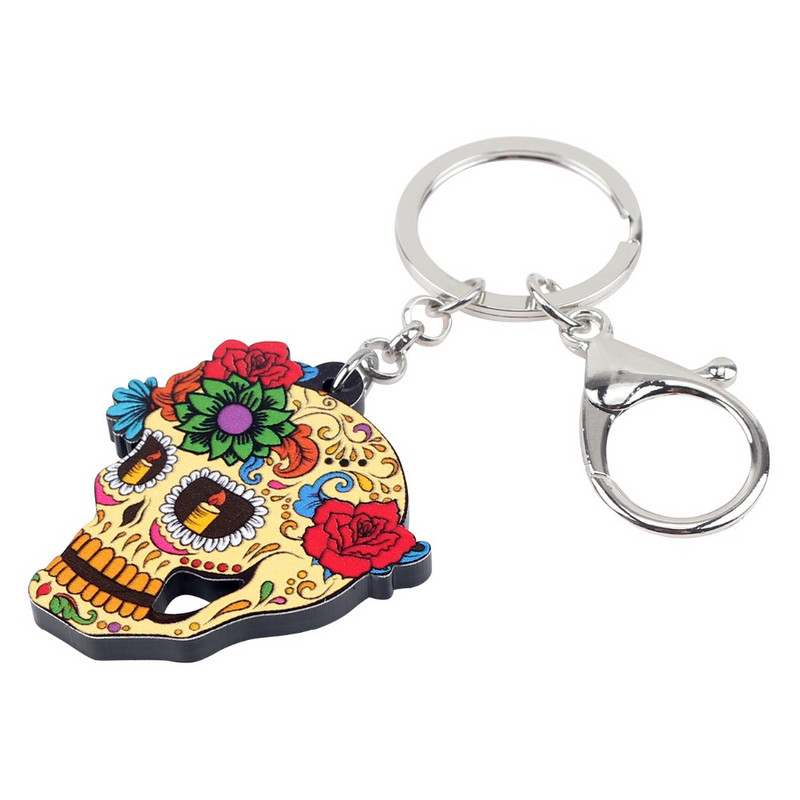 Bonsny acrilic Halloween Clasic cu flori de craniu breloc breloc inele bijuterii de modă pentru femei fete geanta mașină geantă farmece cadou