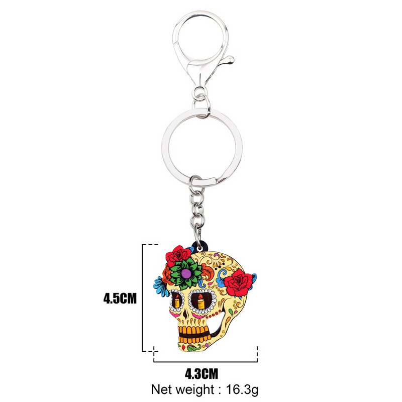 Bonsny acrilic Halloween Clasic cu flori de craniu breloc breloc inele bijuterii de modă pentru femei fete geanta mașină geantă farmece cadou