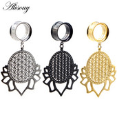 Alisouy 2 bucăți din dantelă cu frunze goale, dopuri pentru urechi și tuneluri din oțel inoxidabil, calibre de expansiune, bijuterii pentru piercing în carne întinsă