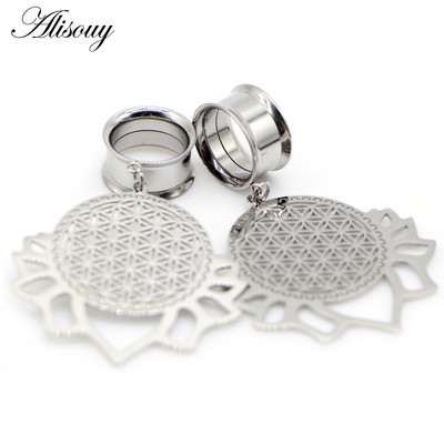 Alisouy 2 bucăți din dantelă cu frunze goale, dopuri pentru urechi și tuneluri din oțel inoxidabil, calibre de expansiune, bijuterii pentru piercing în carne întinsă
