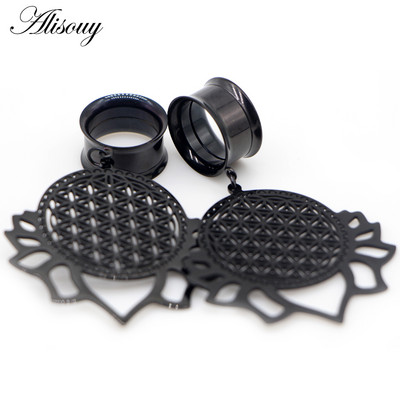 Alisouy 2 bucăți din dantelă cu frunze goale, dopuri pentru urechi și tuneluri din oțel inoxidabil, calibre de expansiune, bijuterii pentru piercing în carne întinsă