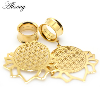 Alisouy 2 bucăți din dantelă cu frunze goale, dopuri pentru urechi și tuneluri din oțel inoxidabil, calibre de expansiune, bijuterii pentru piercing în carne întinsă