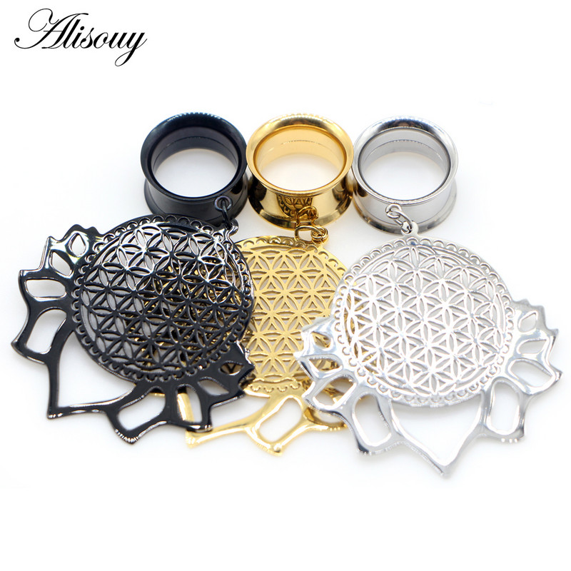 Alisouy 2 bucăți din dantelă cu frunze goale, dopuri pentru urechi și tuneluri din oțel inoxidabil, calibre de expansiune, bijuterii pentru piercing în carne întinsă