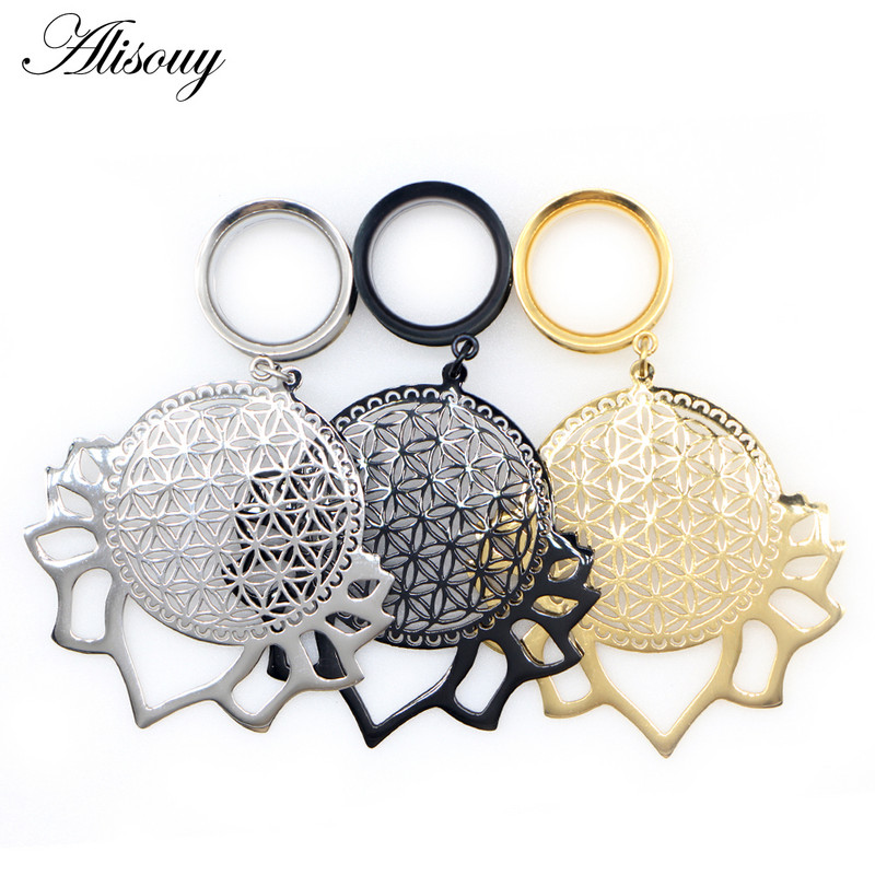 Alisouy 2 bucăți din dantelă cu frunze goale, dopuri pentru urechi și tuneluri din oțel inoxidabil, calibre de expansiune, bijuterii pentru piercing în carne întinsă