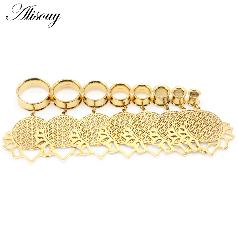 Alisouy 2 bucăți din dantelă cu frunze goale, dopuri pentru urechi și tuneluri din oțel inoxidabil, calibre de expansiune, bijuterii pentru piercing în carne întinsă