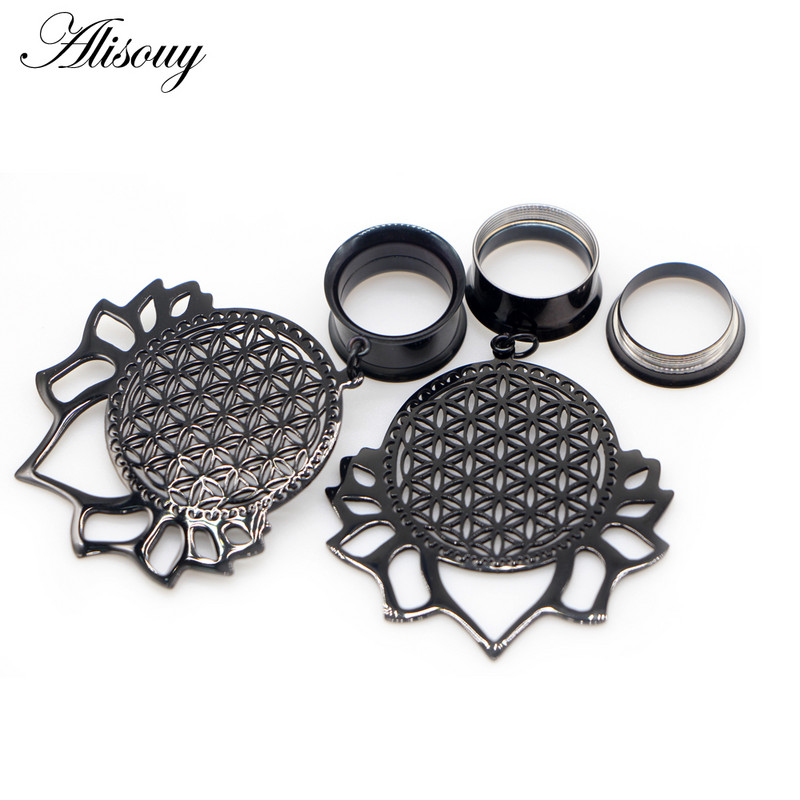 Alisouy 2 bucăți din dantelă cu frunze goale, dopuri pentru urechi și tuneluri din oțel inoxidabil, calibre de expansiune, bijuterii pentru piercing în carne întinsă