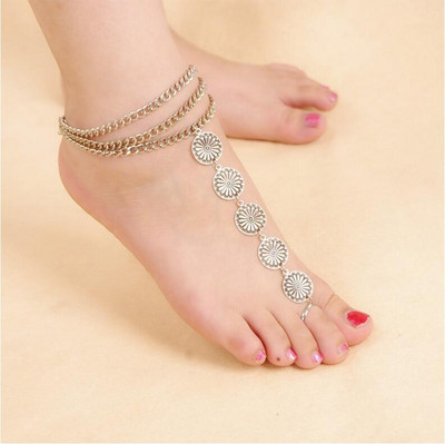 Starinski novčići Narukvice za gležanj Boemske višeslojne kićanke Narukvica za gležanj s cvjetnim rezbarenjem Ravni prsti Sandale za bosu nogu Nakit