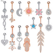 Alisouy 1 bucată Zircon Inel lung pentru burtă, stea, soare, lună, inimă, piercing la buric, oțel chirurgical, pentru femei, inel pentru buric, bijuterii pentru buric