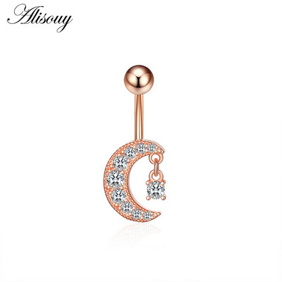 Alisouy 1 bucată Zircon Inel lung pentru burtă, stea, soare, lună, inimă, piercing la buric, oțel chirurgical, pentru femei, inel pentru buric, bijuterii pentru buric