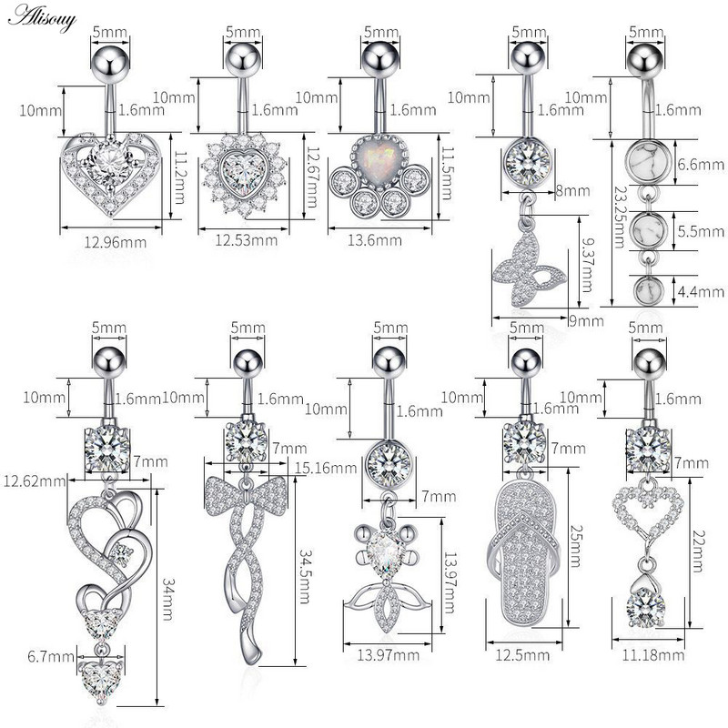 Alisouy 1 bucată Zircon Inel lung pentru burtă, stea, soare, lună, inimă, piercing la buric, oțel chirurgical, pentru femei, inel pentru buric, bijuterii pentru buric