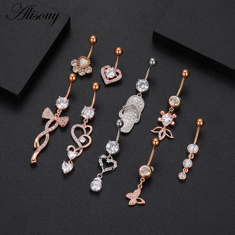 Alisouy 1 bucată Zircon Inel lung pentru burtă, stea, soare, lună, inimă, piercing la buric, oțel chirurgical, pentru femei, inel pentru buric, bijuterii pentru buric