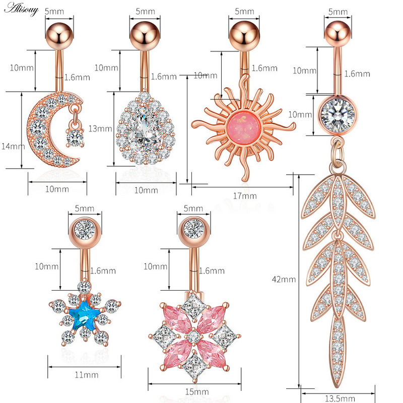 Alisouy 1 bucată Zircon Inel lung pentru burtă, stea, soare, lună, inimă, piercing la buric, oțel chirurgical, pentru femei, inel pentru buric, bijuterii pentru buric
