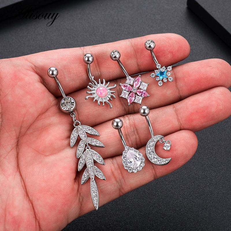 Alisouy 1 bucată Zircon Inel lung pentru burtă, stea, soare, lună, inimă, piercing la buric, oțel chirurgical, pentru femei, inel pentru buric, bijuterii pentru buric
