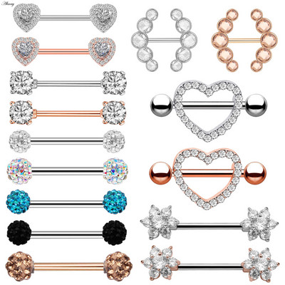 Alisouy 2 bucăți 14G flori de inimă cubic zirconiu cristal din oțel inoxidabil sexy femei inel mamelon scut barbell piercing bijuterii pentru corp