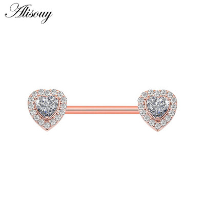 Alisouy 2 bucăți 14G flori de inimă cubic zirconiu cristal din oțel inoxidabil sexy femei inel mamelon scut barbell piercing bijuterii pentru corp