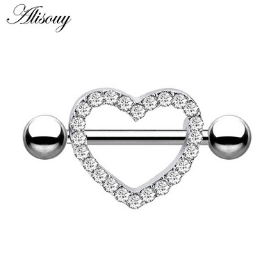 Alisouy 2 bucăți 14G flori de inimă cubic zirconiu cristal din oțel inoxidabil sexy femei inel mamelon scut barbell piercing bijuterii pentru corp
