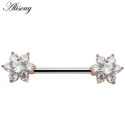 Alisouy 2 bucăți 14G flori de inimă cubic zirconiu cristal din oțel inoxidabil sexy femei inel mamelon scut barbell piercing bijuterii pentru corp