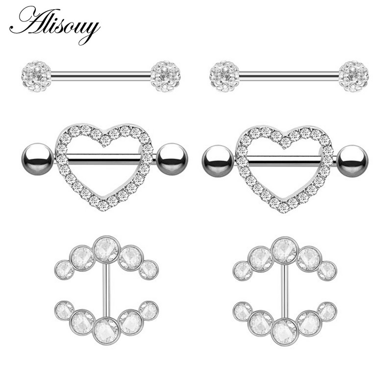 Alisouy 2 bucăți 14G flori de inimă cubic zirconiu cristal din oțel inoxidabil sexy femei inel mamelon scut barbell piercing bijuterii pentru corp