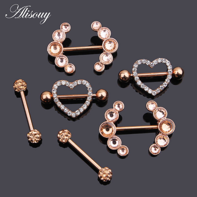 Alisouy 2 bucăți 14G flori de inimă cubic zirconiu cristal din oțel inoxidabil sexy femei inel mamelon scut barbell piercing bijuterii pentru corp