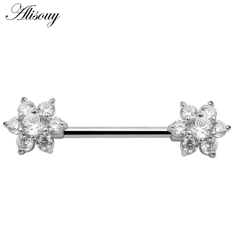 Alisouy 2 bucăți 14G flori de inimă cubic zirconiu cristal din oțel inoxidabil sexy femei inel mamelon scut barbell piercing bijuterii pentru corp
