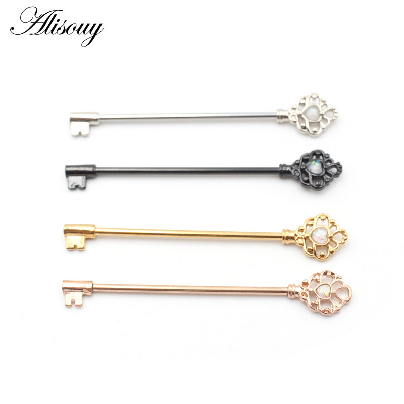 Alisouy 1 PC Key Style Ear Industrial Barbell Piercing Scaffold Opal Bar Barbell Piercing Cartilage Earring Body Jewelry