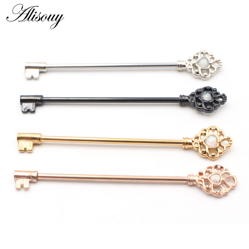 Alisouy 1 PC Key Style Ear Industrial Barbell Piercing Scaffold Opal Bar Barbell Piercing Cartilage Earring Body Jewelry
