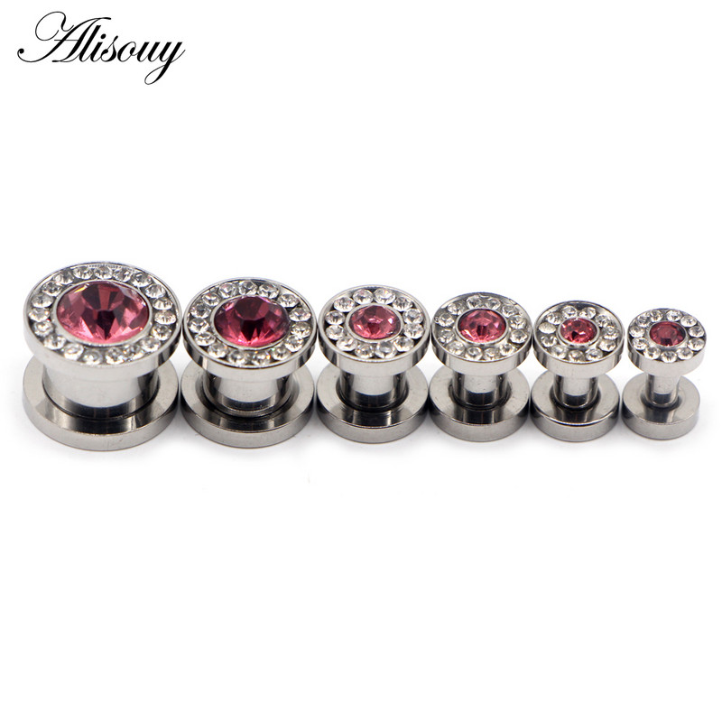 Alisouy 2 buc 3mm-14mm Cristal Roz Zircon Şurub Indicatori pentru urechi Plug Tunel Expander Targa Cercei din oţel Piercing Bijuterii pentru corp
