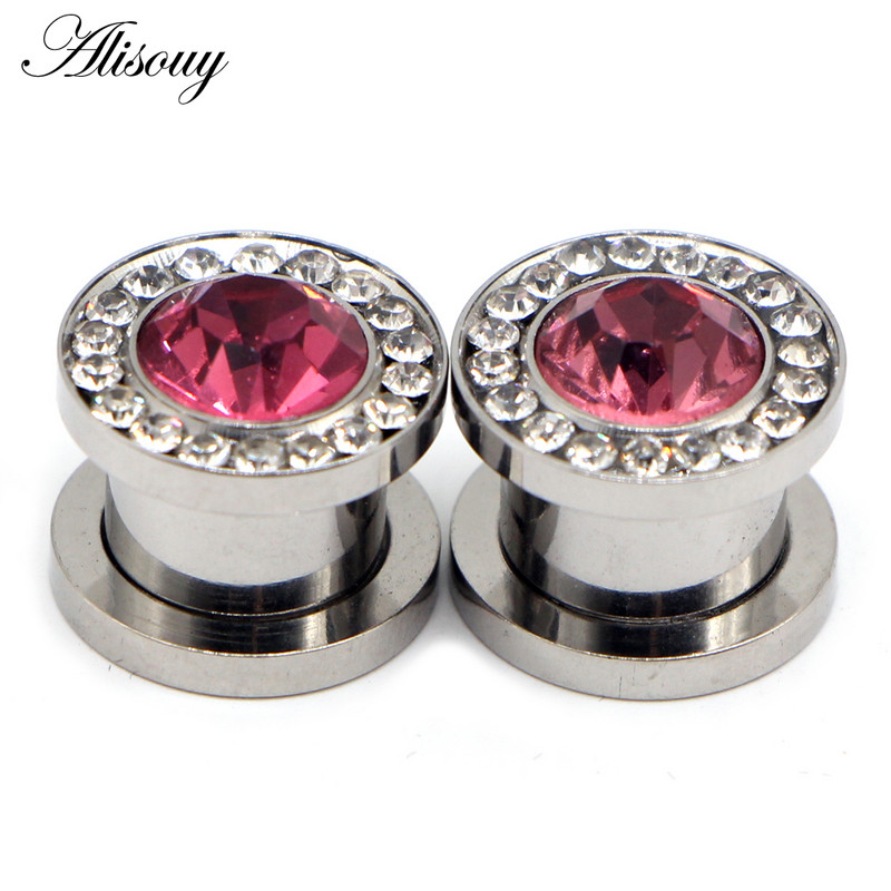 Alisouy 2 buc 3mm-14mm Cristal Roz Zircon Şurub Indicatori pentru urechi Plug Tunel Expander Targa Cercei din oţel Piercing Bijuterii pentru corp