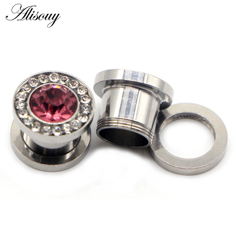 Alisouy 2 buc 3mm-14mm Cristal Roz Zircon Şurub Indicatori pentru urechi Plug Tunel Expander Targa Cercei din oţel Piercing Bijuterii pentru corp