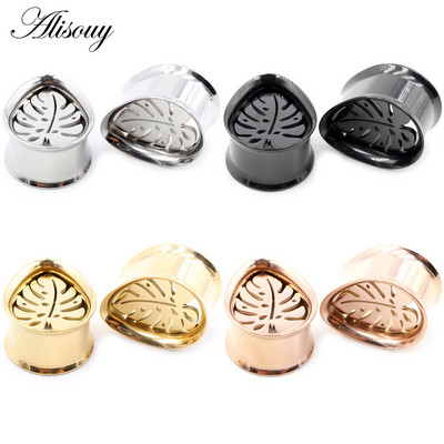 Alisouy 2 bucăți din oțel inoxidabil picătură de apă frunze goale tuneluri pentru urechi dopuri expansori calibre pentru targă cercei piercing bijuterii pentru corp